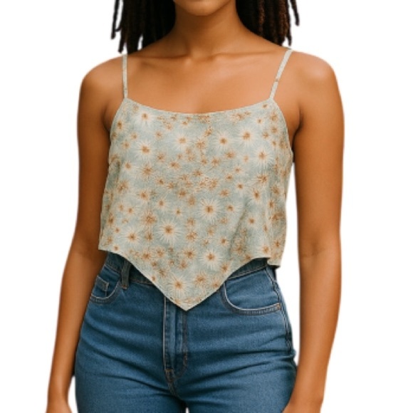 GARAGE Floral Printed Satin Handkerchief Tie Crop Top Sea-foam Blue Open Back L - Picture 1 of 10